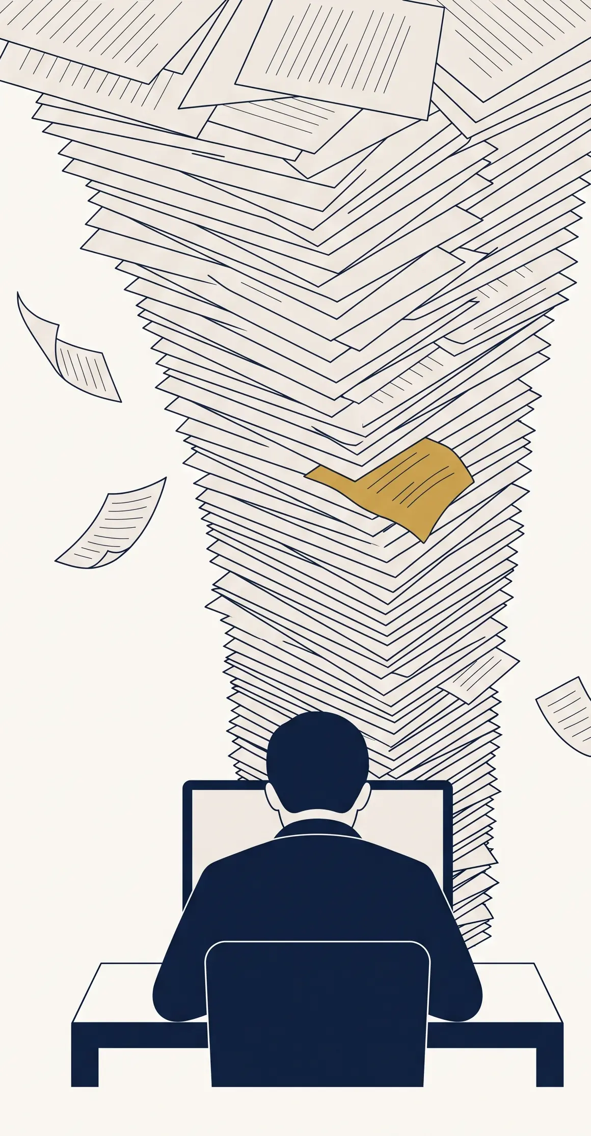 A recruiter seen from behind at a desk. A huge stack of CVs narrows down onto them. Every page is blank except one, near the top, drawn in gold: the candidate worth finding, somewhere in the pile.