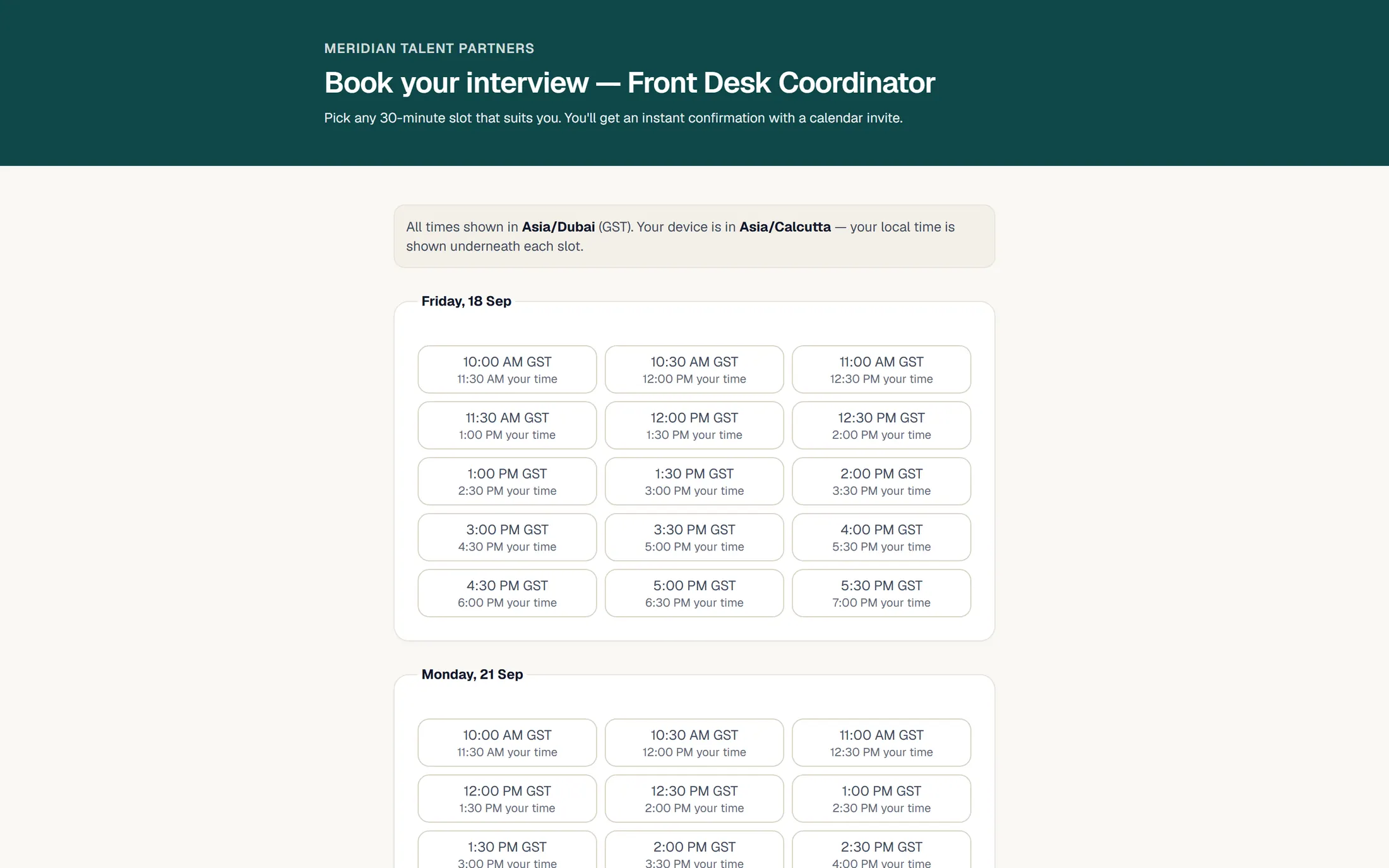 A page where a candidate books an interview, showing free time slots and a confirmed booking.