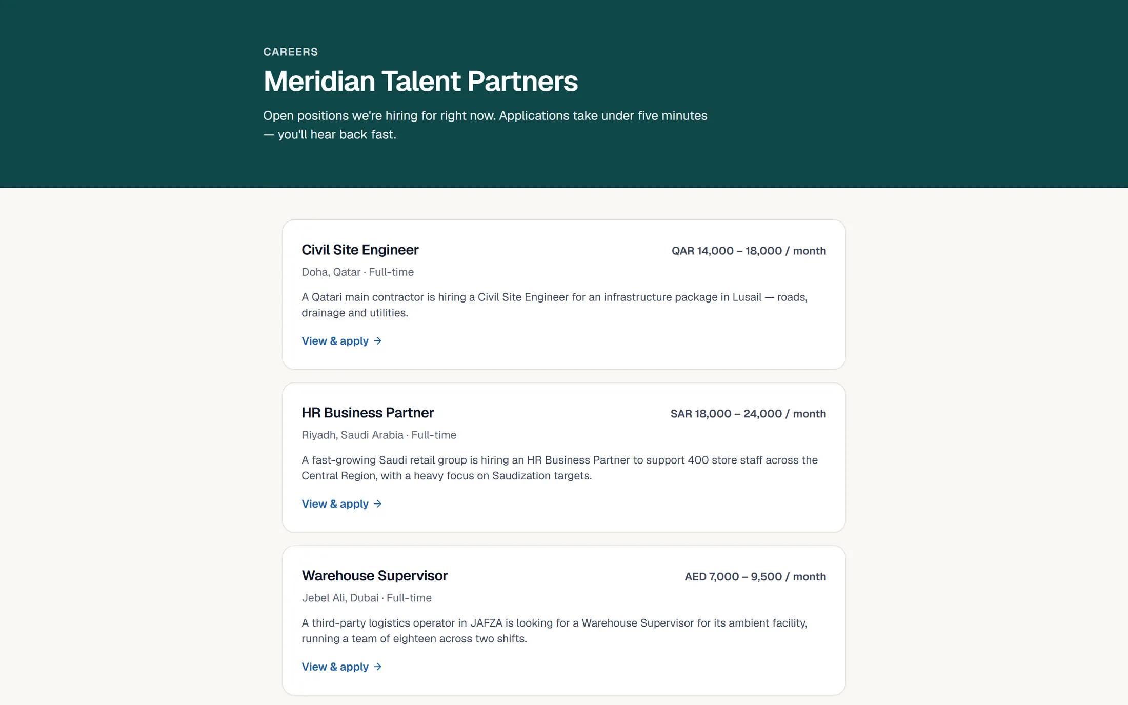 A careers page in an agency's own brand, listing open jobs with salaries and locations.