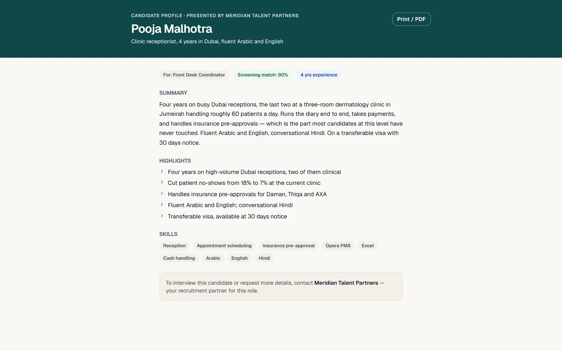 A candidate profile in an agency's own brand colour, ready to send to a client. It shows a summary, highlights and skills, and no contact details anywhere.
