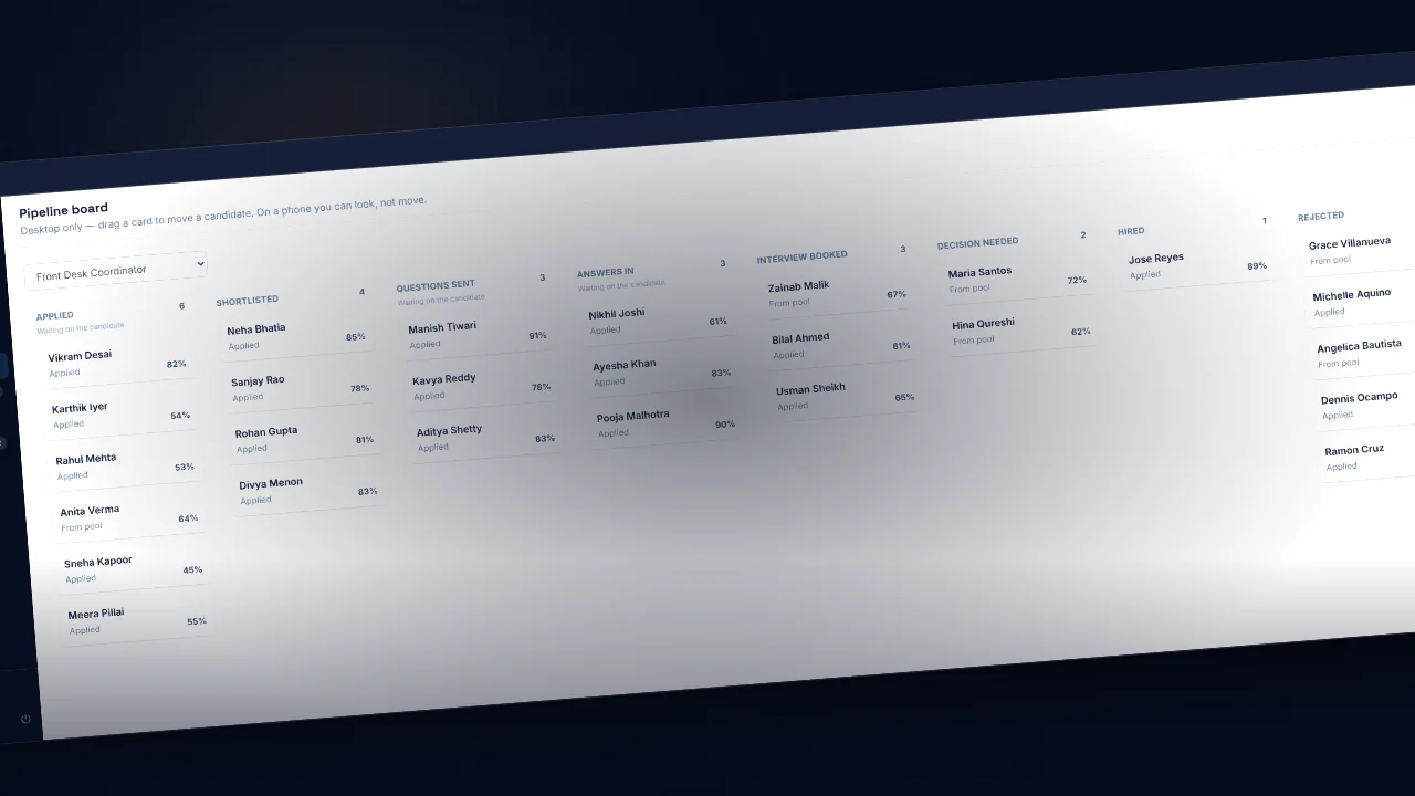 A still from the walkthrough: the FunnelIt pipeline board, eight columns of candidates each carrying a match score.