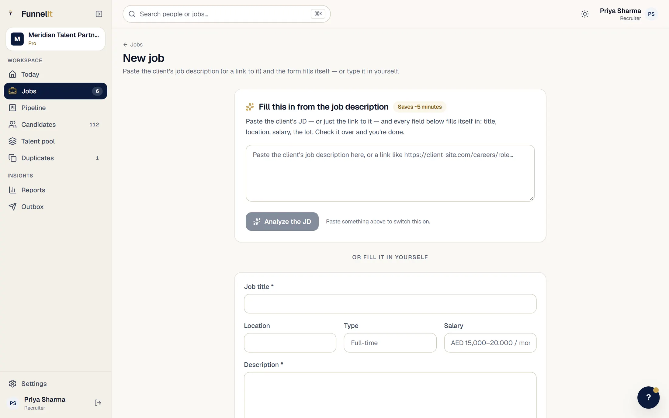 The job intake panel: paste a client's job description and every field below fills itself in.