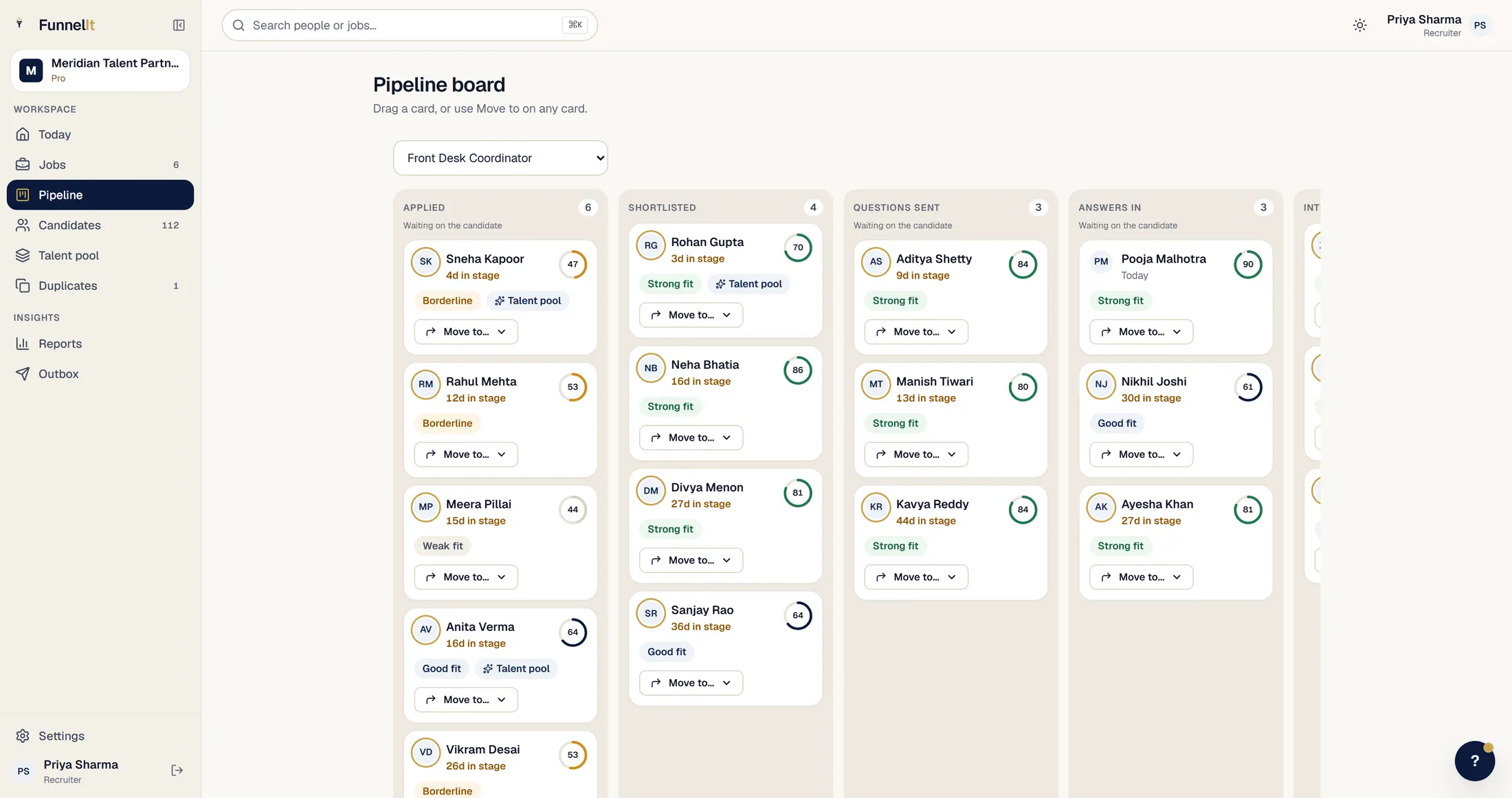 The FunnelIt pipeline board: eight labelled columns from Applied through to Rejected, with candidate cards showing match percentages.