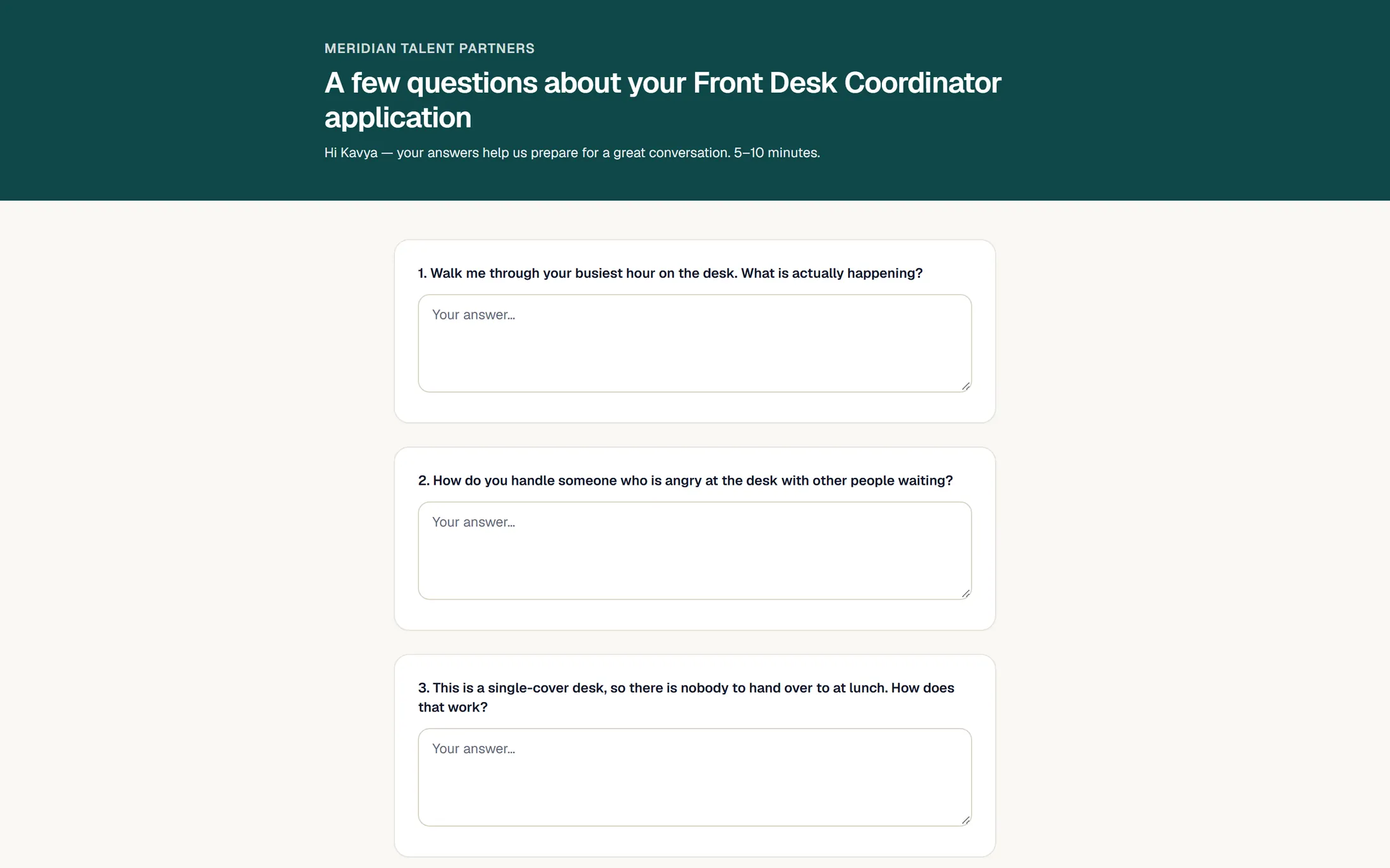 A candidate questionnaire page with questions written for that candidate and boxes to type answers.