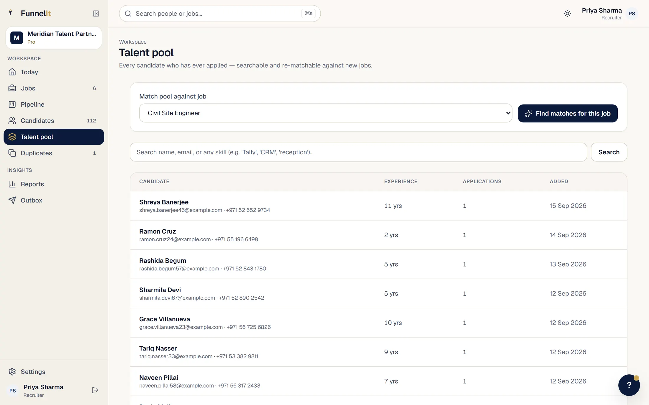 The FunnelIt talent pool. Past candidates are ranked against a new job, each with a match score and a reason. Beside it, a panel for asking a group of candidates to send an updated CV.