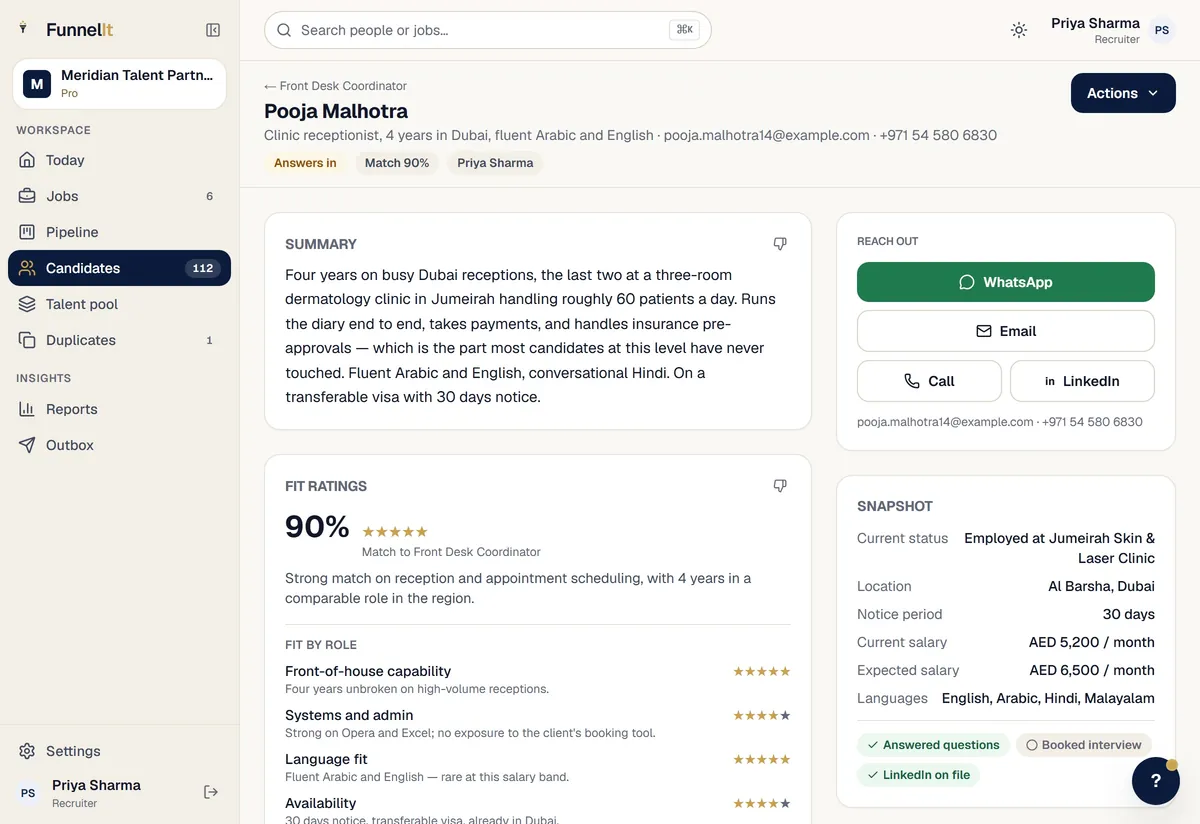 A screen recording of a candidate record in FunnelIt: the summary the AI wrote, a 90% match score, six of seven skills marked present and one missing, her work history, and her answers to the screening questions.