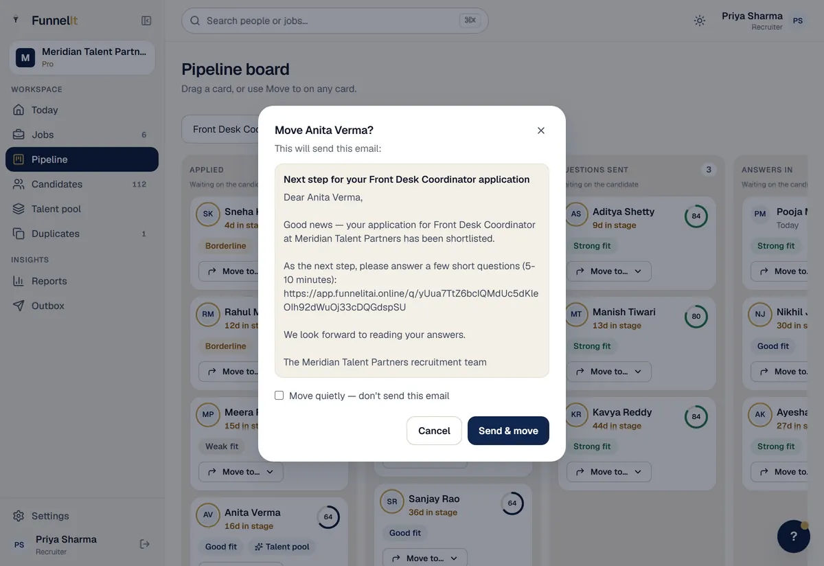 A screen recording of a candidate card being moved from Applied to Shortlisted on the FunnelIt board. A box opens showing the exact email about to be sent, and a tickbox to move the candidate without sending it.